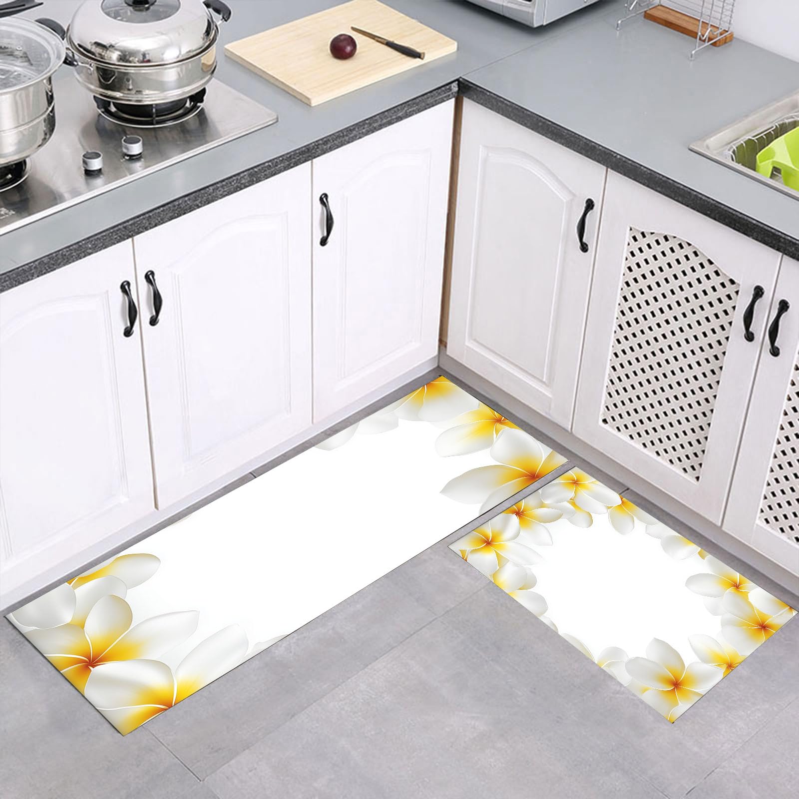 Tapis de cuisine antidérapant blanc jaune lavable 43x150 et 43x75 cm en lot