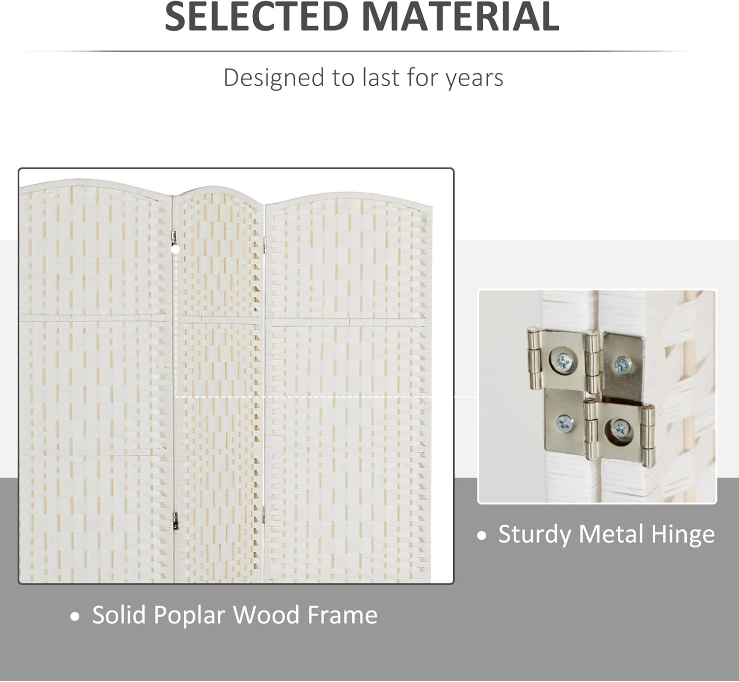 Close-up of the room divider's sturdy metal hinges and solid poplar wood frame