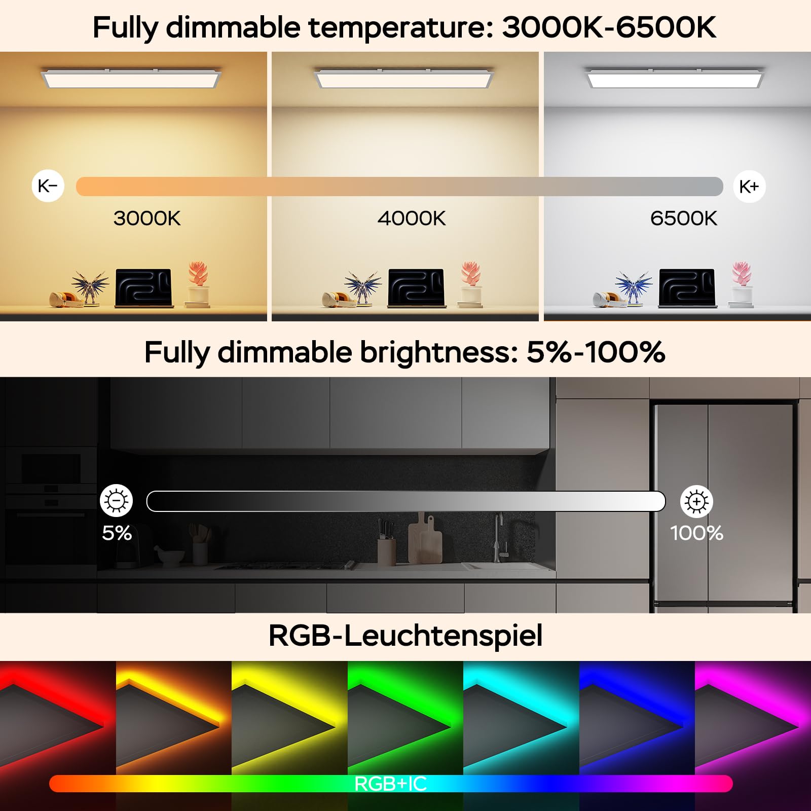 Plafoniera Led Soffitto 100x25cm, RGB + 3000-6500K Pannello LED Dimmerabile, 30W Lampada da Soffitto con Telecomando/Nachtlicht/Memory-Funktion per Dormitorio Cucina Soggiorno Libreria Aula