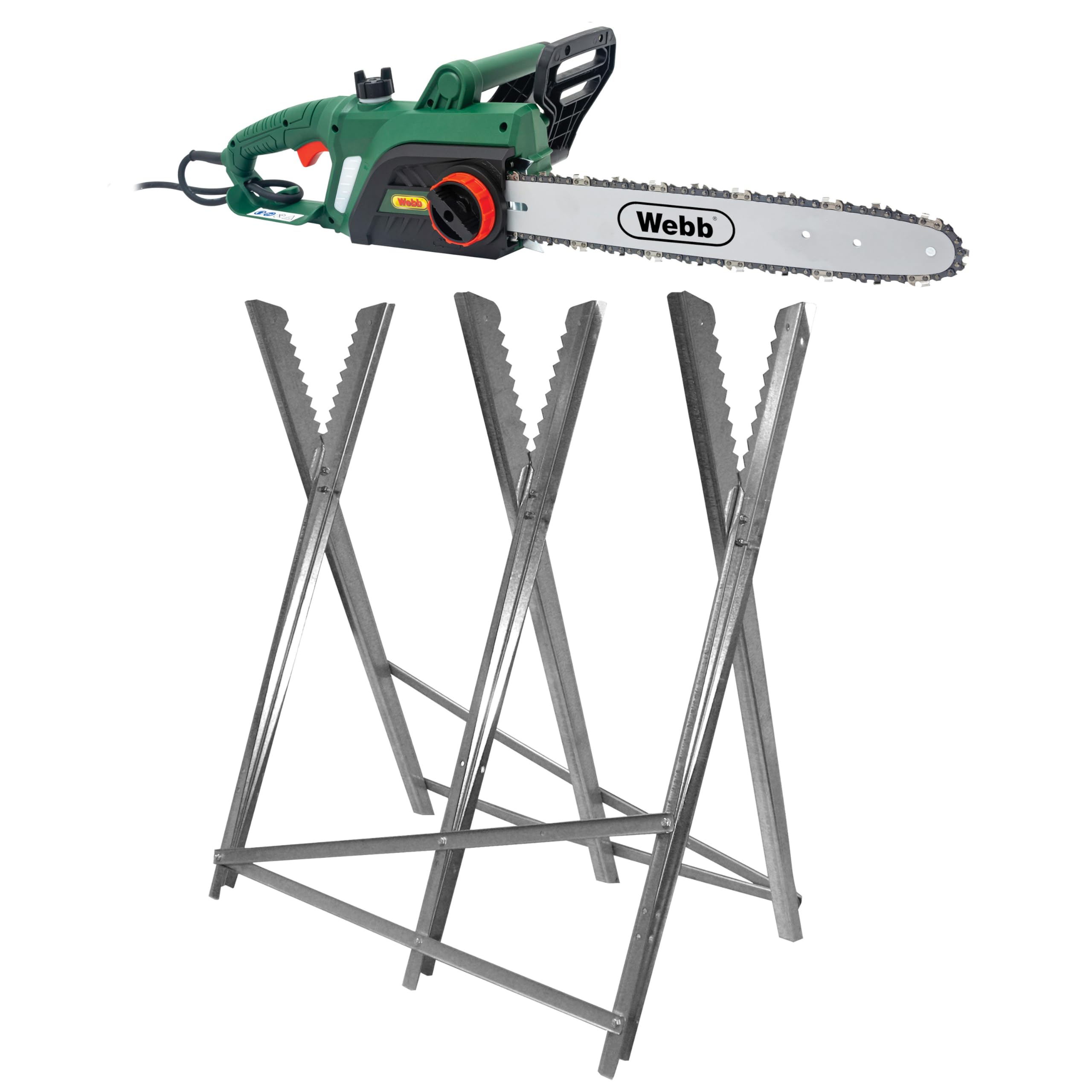 Webb WEECS402200 2200W 40cm (16") Electric Chainsaw + Folding Serrated-Edge Saw Horse - Tool-Free Tension, Automatic Oiling, 6 m Cable - 3 Year Guarantee
