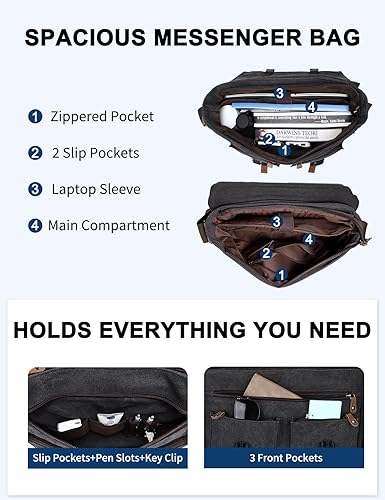 Miniatura 3 de Kasqo Bolsa de mensajero para hombre, 14 pulgadas, 15.6 pulgadas, 17 pulgadas, resistente al agua, bolsa de lona para laptop, para escuela,