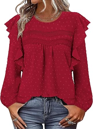 BETTE BOUTIK Womens Boho Fall Long Sleeve Shirts Crewneck Dressy Casual Blouses Trendy Flowy Tops