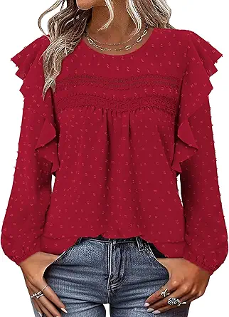 BETTE BOUTIK Womens Boho Fall Long Sleeve Shirts Crewneck Dressy Casual Blouses Trendy Flowy Tops