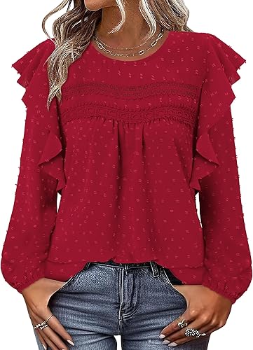 BETTE BOUTIK Womens Boho Fall Long Sleeve Shirts Crewneck Dressy Casual Blouses Trendy Flowy Tops