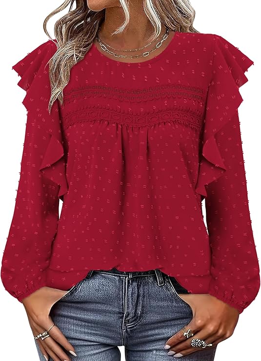 BETTE BOUTIK Womens Boho Fall Long Sleeve Shirts Crewneck Dressy Casual Blouses Trendy Flowy Tops