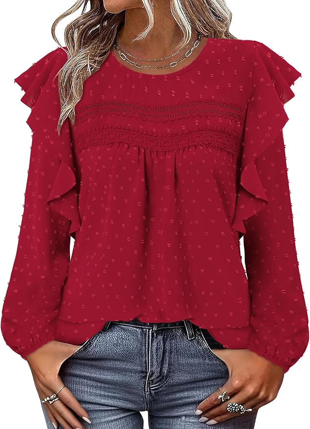 BETTE BOUTIK Womens Boho Fall Long Sleeve Shirts Crewneck Dressy Casual Blouses Trendy Flowy Tops