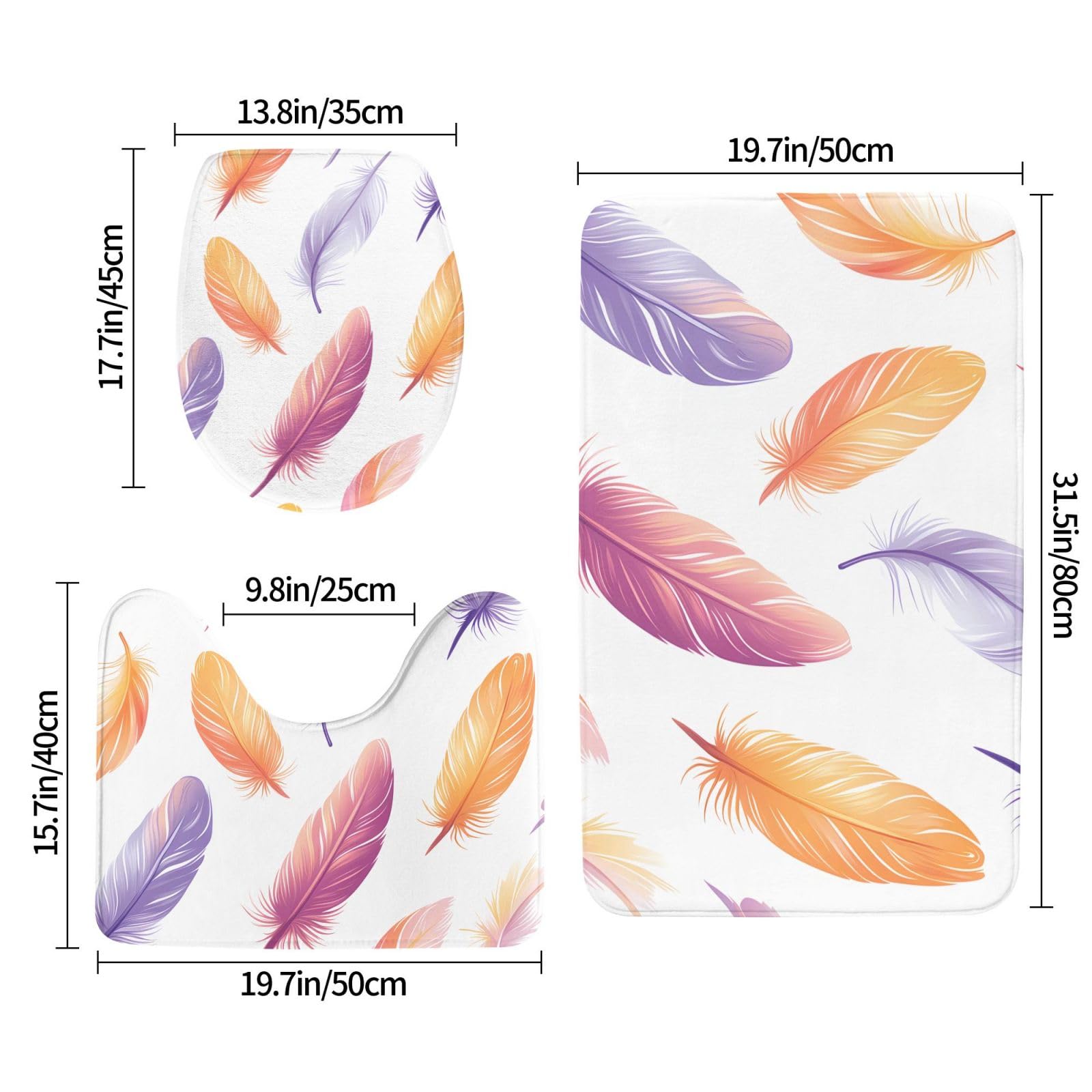 Lot de 3 tapis de bain à plumes violettes et oranges, doux et absorbants, en mousse à mémoire de forme, tapis de toilette en forme de U, décoration d'intérieur, séchage rapide