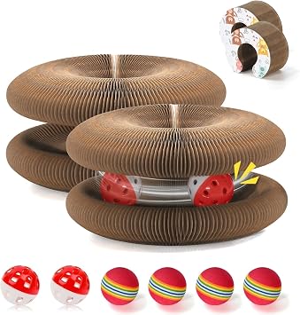 2 PCS Magic Organ Cat Scratcher Board with 6 Balls, Foldable Recyclable Accordion Cats Toy with Ball and Track Adventure, Cat Scratching Pad, Retractable Reversible Furniture ProtectorBrown
