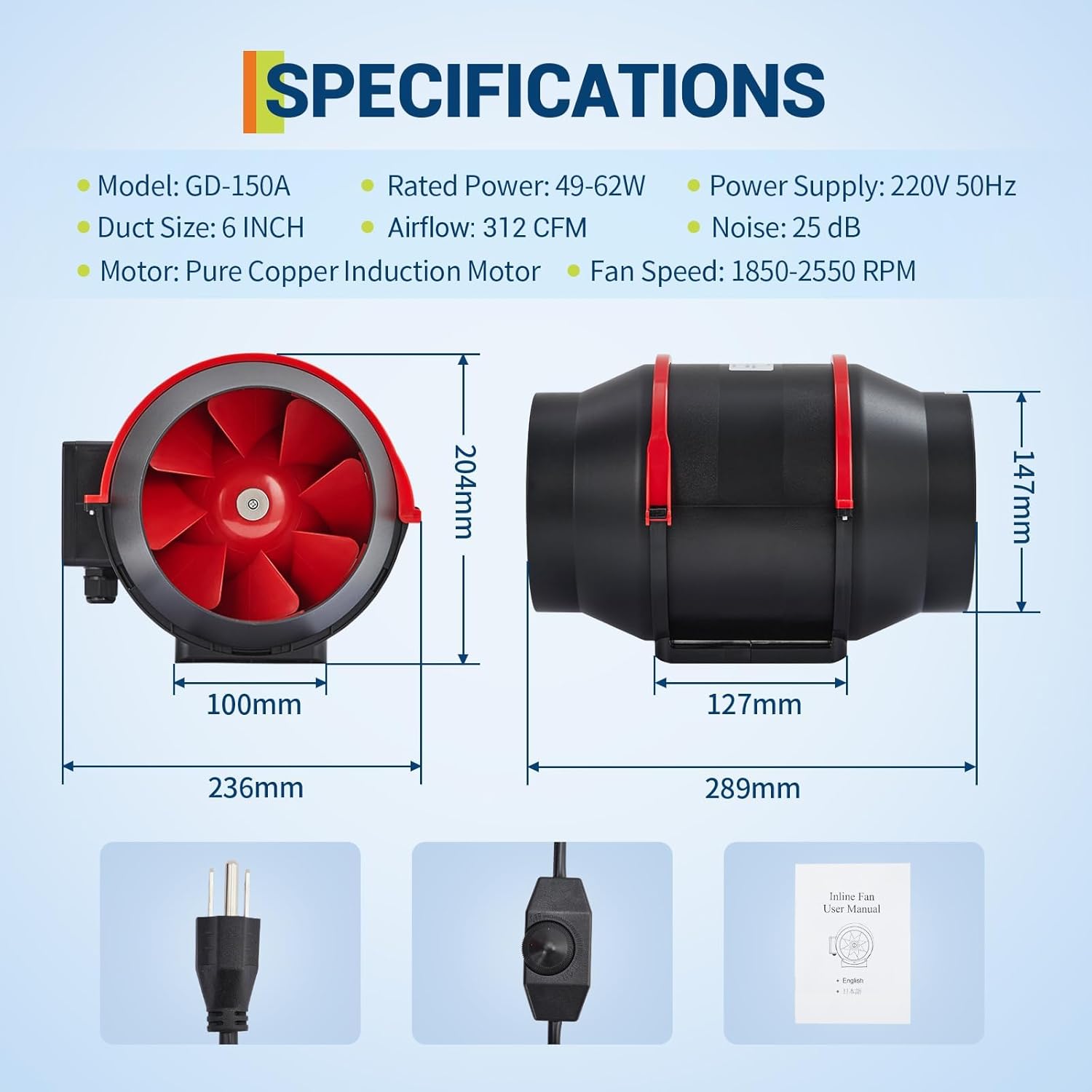 PeakPursuit 6" Inline Duct Fan 312 CFM Ventilation Exhaust Fan with Variable Speed Controller, Ventilation Exhaust Fan for Basements, Bathrooms, Kitchens