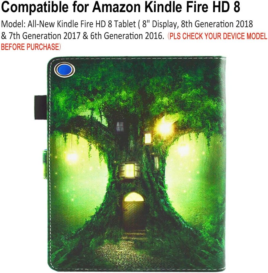 Case for Kindle fire HD 8 Old Model (Only Fit 2018 2017 2016, 8th/7th/6th Gen), Not Fit HD 8 2020 Tablet and HD 8 Plus, JZCreater Standing Case Cover with Auto Wake/Sleep, Tree House