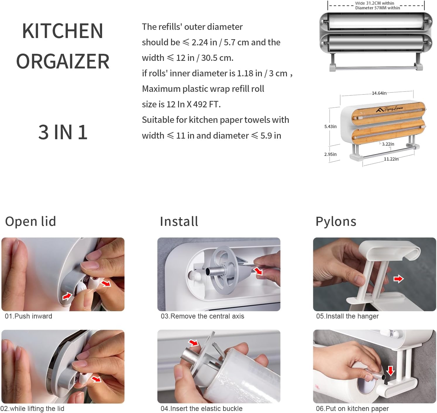 APSARAS USA Magnetic Plastic Wrap Dispenser with Cutter, 3 in 1 Aluminum Foil wrap Organizer, Practical Refillable Cling Wrap Film Cutter, Wall Mount Kitchen Wrap Dispenser, Include 2 * 12" Rolls White and Wood