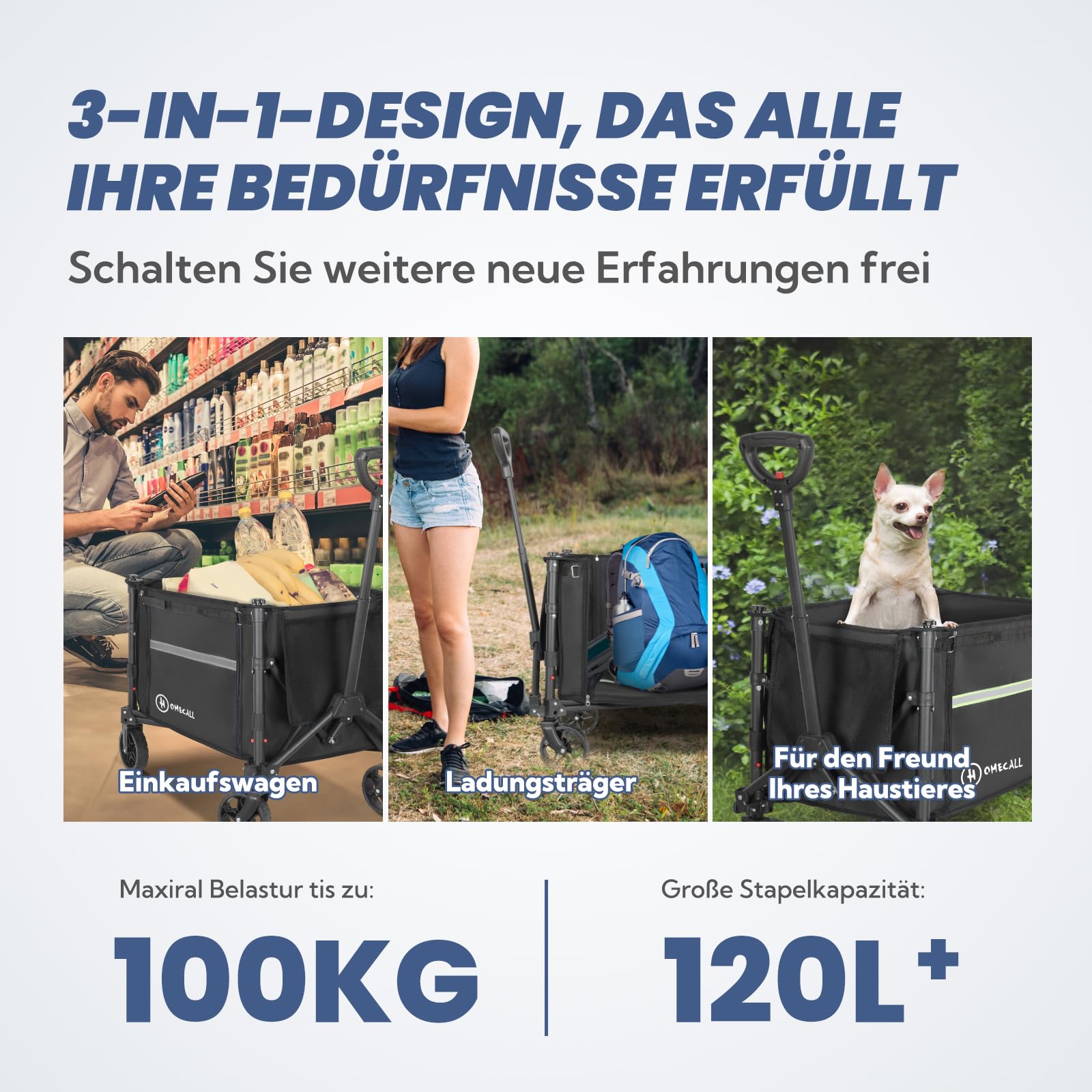 Bolderkar, opvouwbare handwagen, all-terrain wielen, tuinwagen met bekerhouder, verstelbare handgreep, transportwagen, inklapbaar, strandwagen, tuinwagen, winkelwagen, camping (grijs