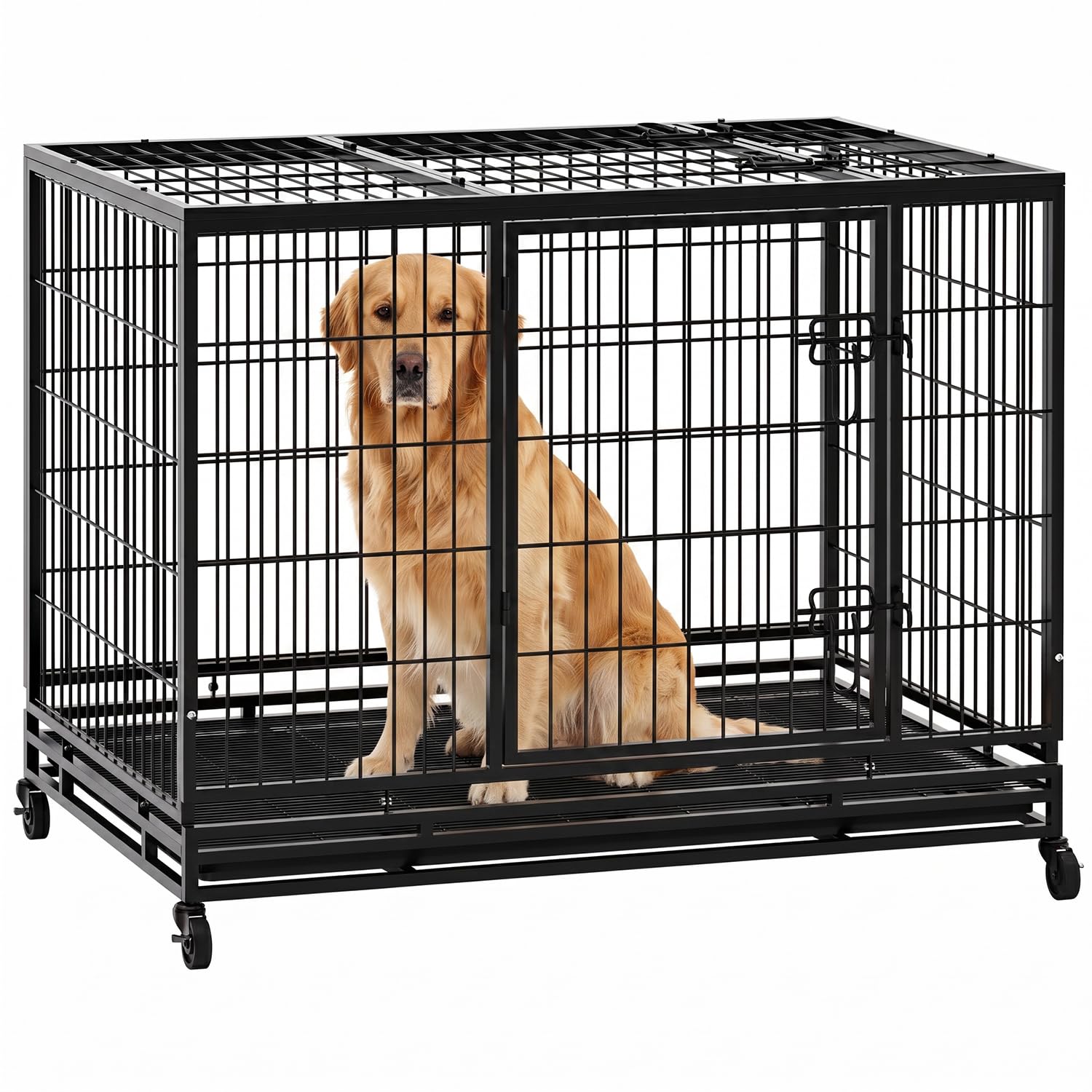 Dog Crate Cage for Large Dogs Heavy Duty 48/42/36Inches Dog Kennel Pet Playpen for Training Indoor Outdoor with Plastic Tray Double Doors &amp; Locks Design (42")