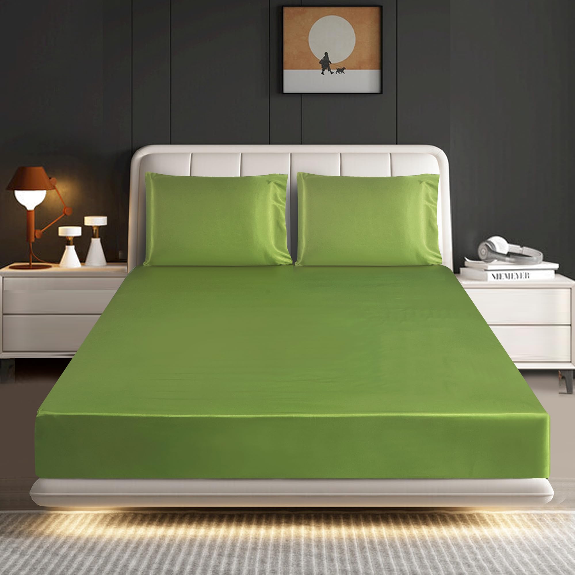 ROOEE Satin Silk Fitted Sheet with Pillowcase Set Breathable Soft Bedding Brushed Fabric Wrinkle