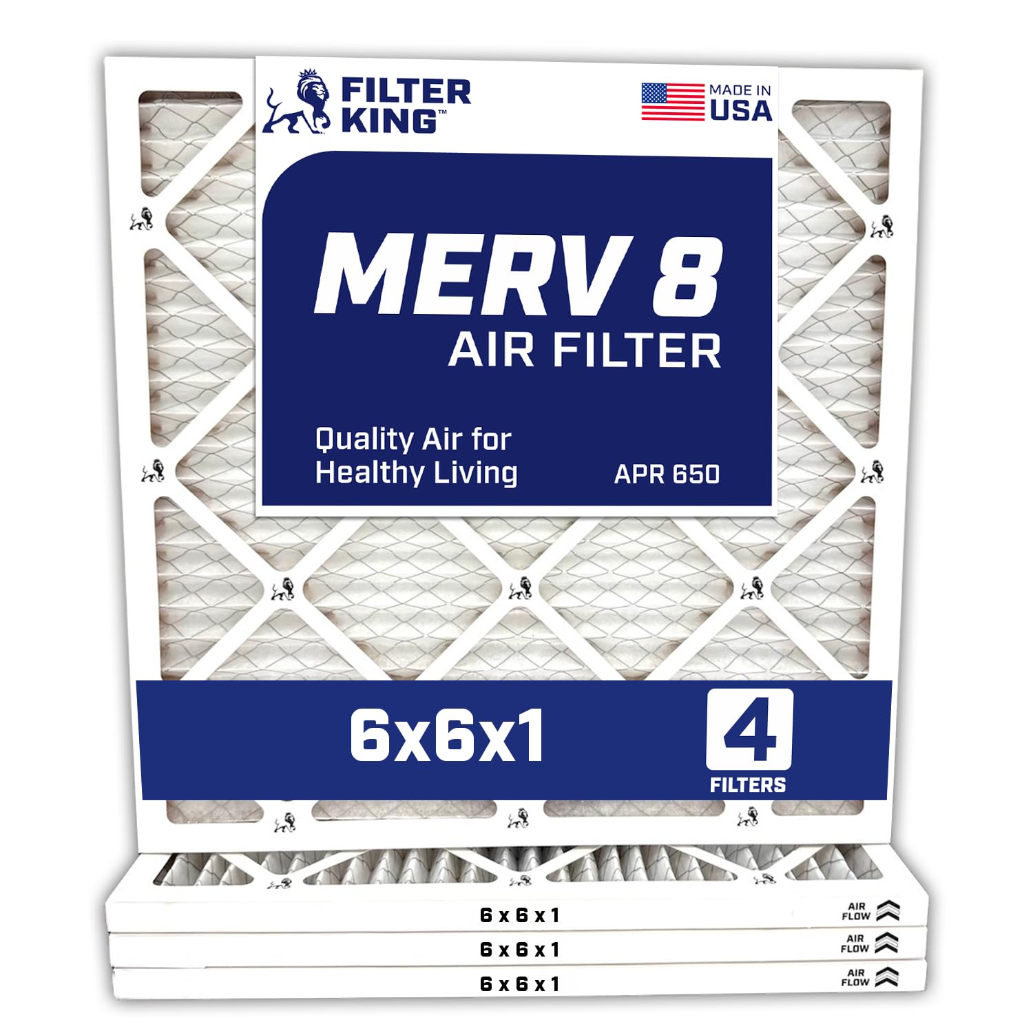 Filter King 6x6x1 Air Filter | 4-PACK | MERV 8 HVAC Pleated A/C Furnace Filters | MADE IN USA | Actual Size: 5.5 x 5.5 x .75"