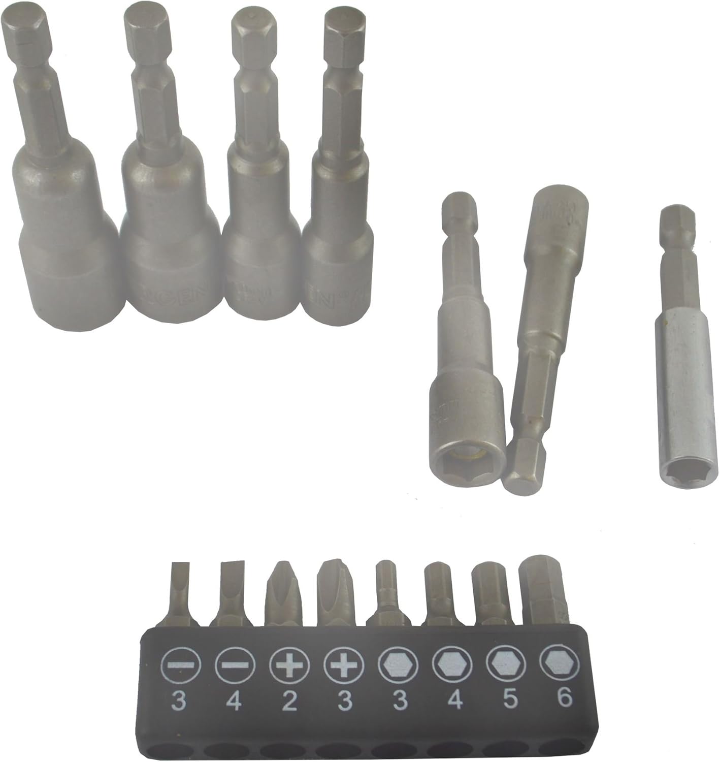 Power Nut Driver Drill Bit Metric Socket 6-13mm + Bits 15pc Set 1/4 Hex Shank