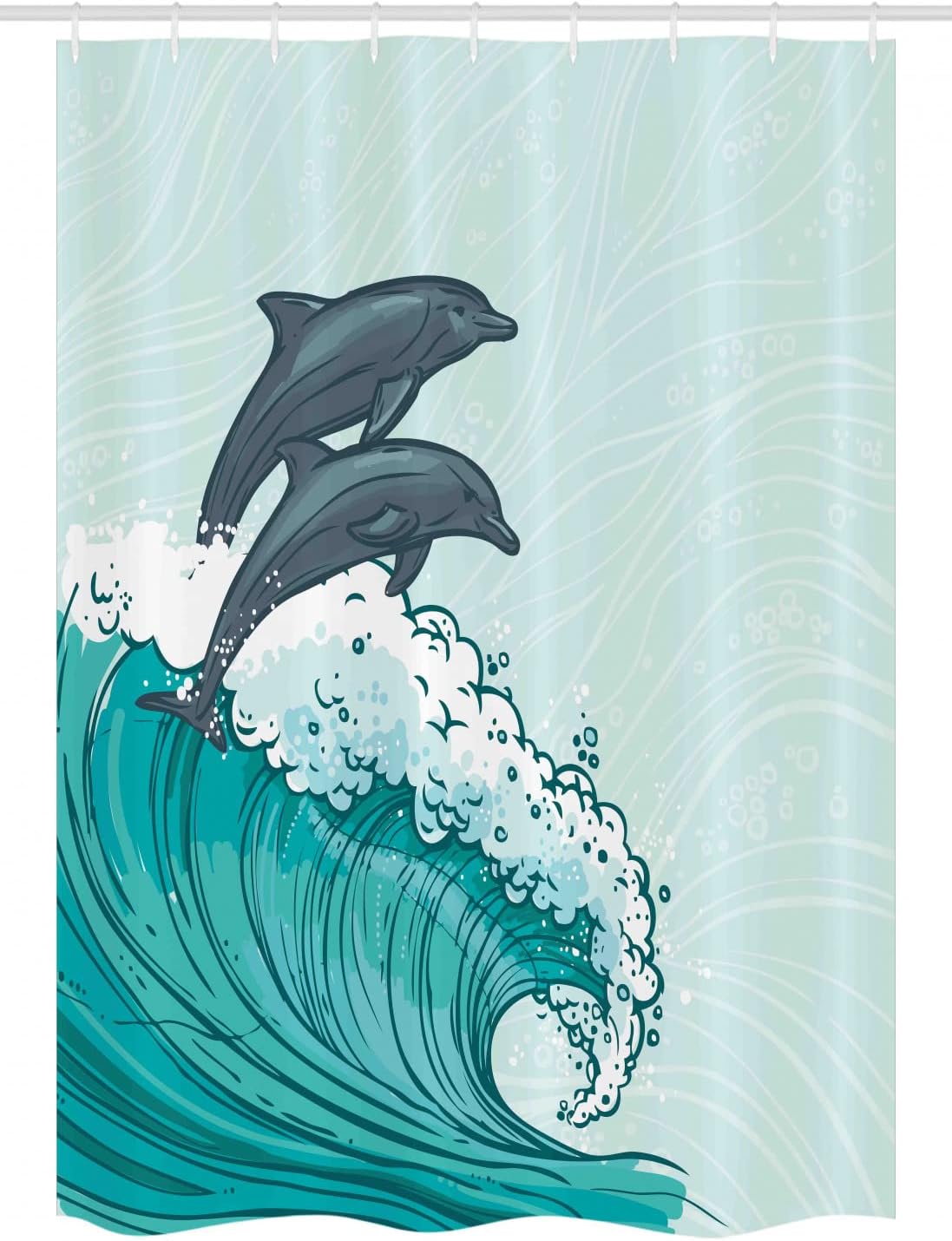 Ambesonne Sea Animals Stall Shower Curtain, Waves Flowing Water Sketch Sea Ocean and 2 Dolphins Summertime, Fabric Bathroom Decor Set with Hooks, 54" W x 78" L, Charcoal Grey Mint Teal