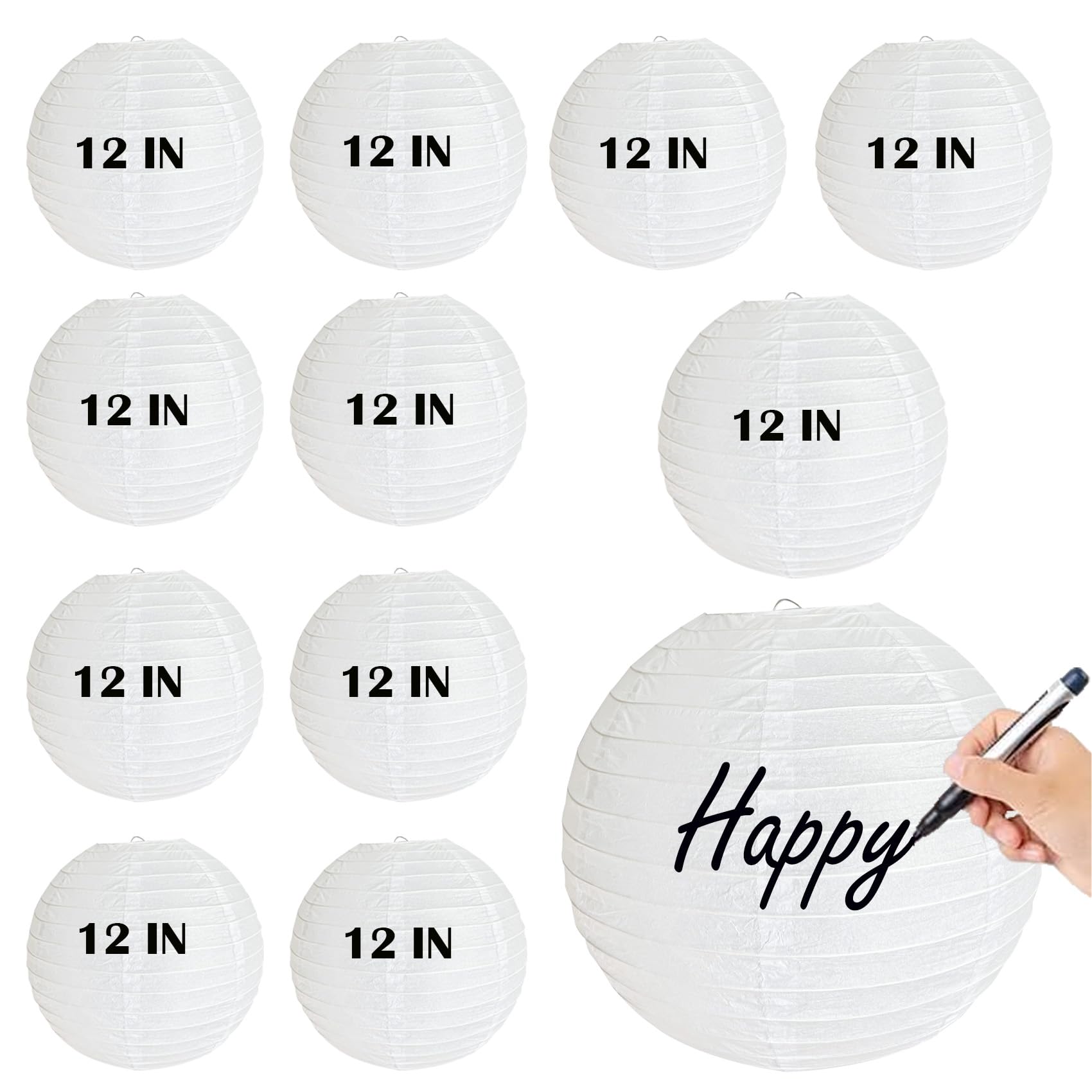 12Pcs 12inches White Paper Lanterns,Halloween Decoration Paper Lanterns, Chinese Lanterns Hanging Round Paper Lamp for Birthday, Wedding, Christmas, Bridal, Home Decor, Party Decoration