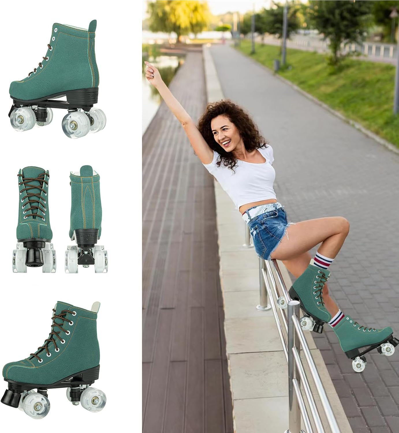 silvertree roller skates for women and men pu leather high-top adult roller derby skates wheels light up roller skates four-wheel shiny roller skates for girls boys unisex green,imitation cowhide women's 5.5 / men's 4
