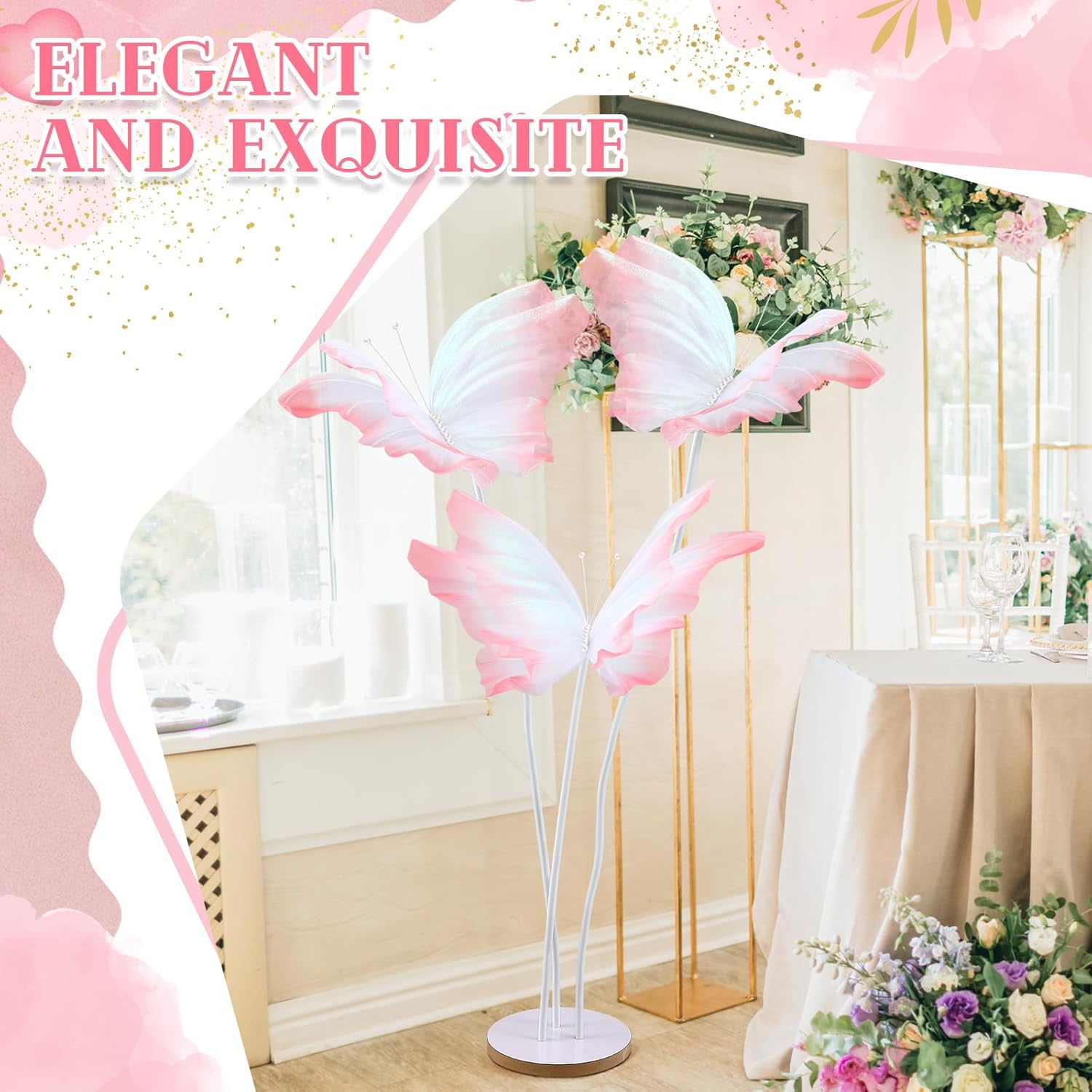 Havawish 3 Pcs 5.2ft Giant Butterfly Decorations Large Fluttering Artificial Gauze Butterfly with Standing Base for Wedding Church Birthday Party Home Garden Backdrop Decorations Photo Props