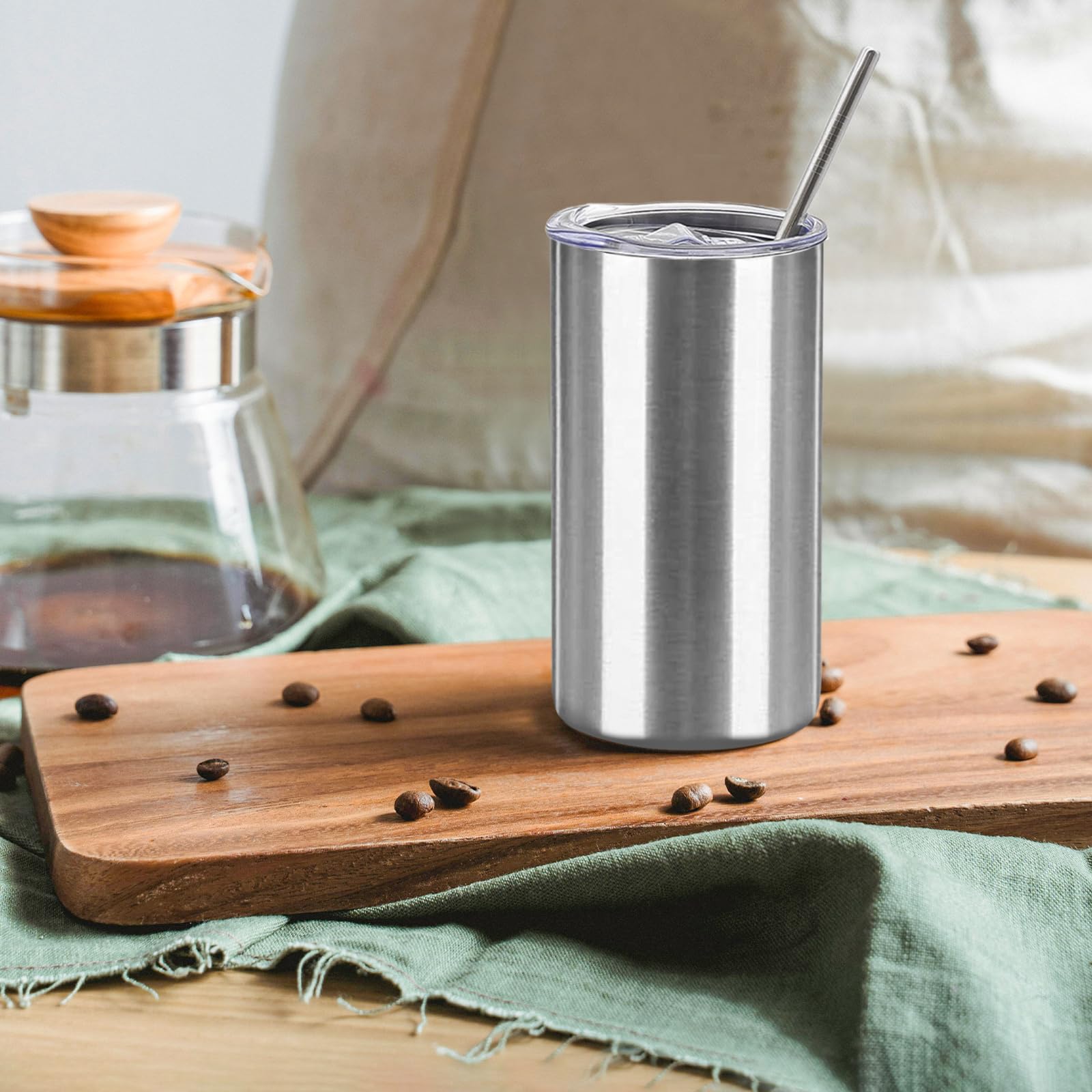 YOUKE OLA Trinkgläser, Rohlinge, schmal, gerade, Edelstahl, doppelwandig, isolierte Wasserflaschen mit Deckel und Strohhalm, für DIY-Geschenk, 340 ml, Silber, 16 Stück