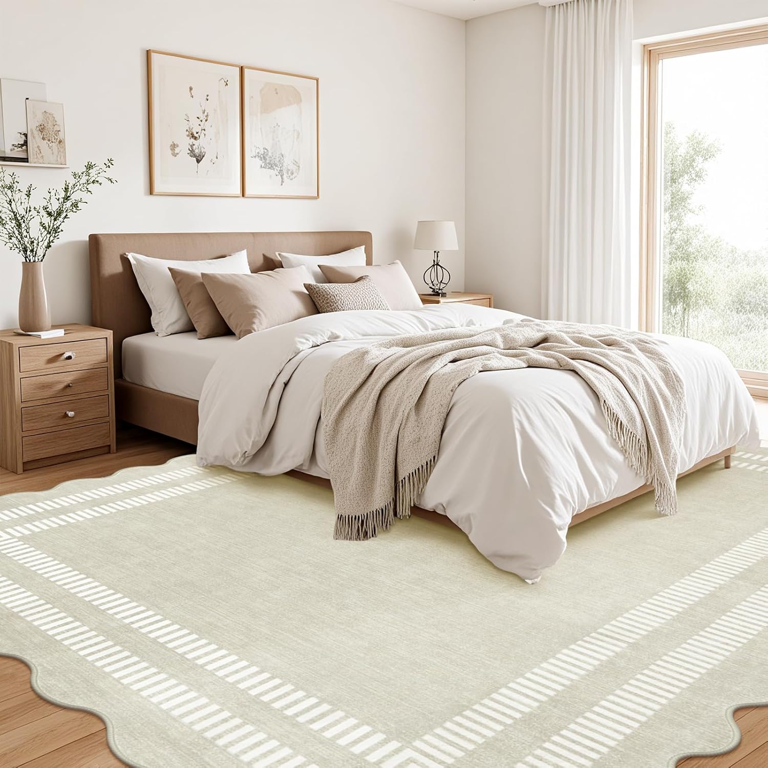 Washable 8x10 Area Rugs for Living Room, Solid Ivory Ultra-Thin Bedroom Rug Non-Slip Dining Room Rugs, Soft Scalloped Carpet for Nursery Kids Room Office