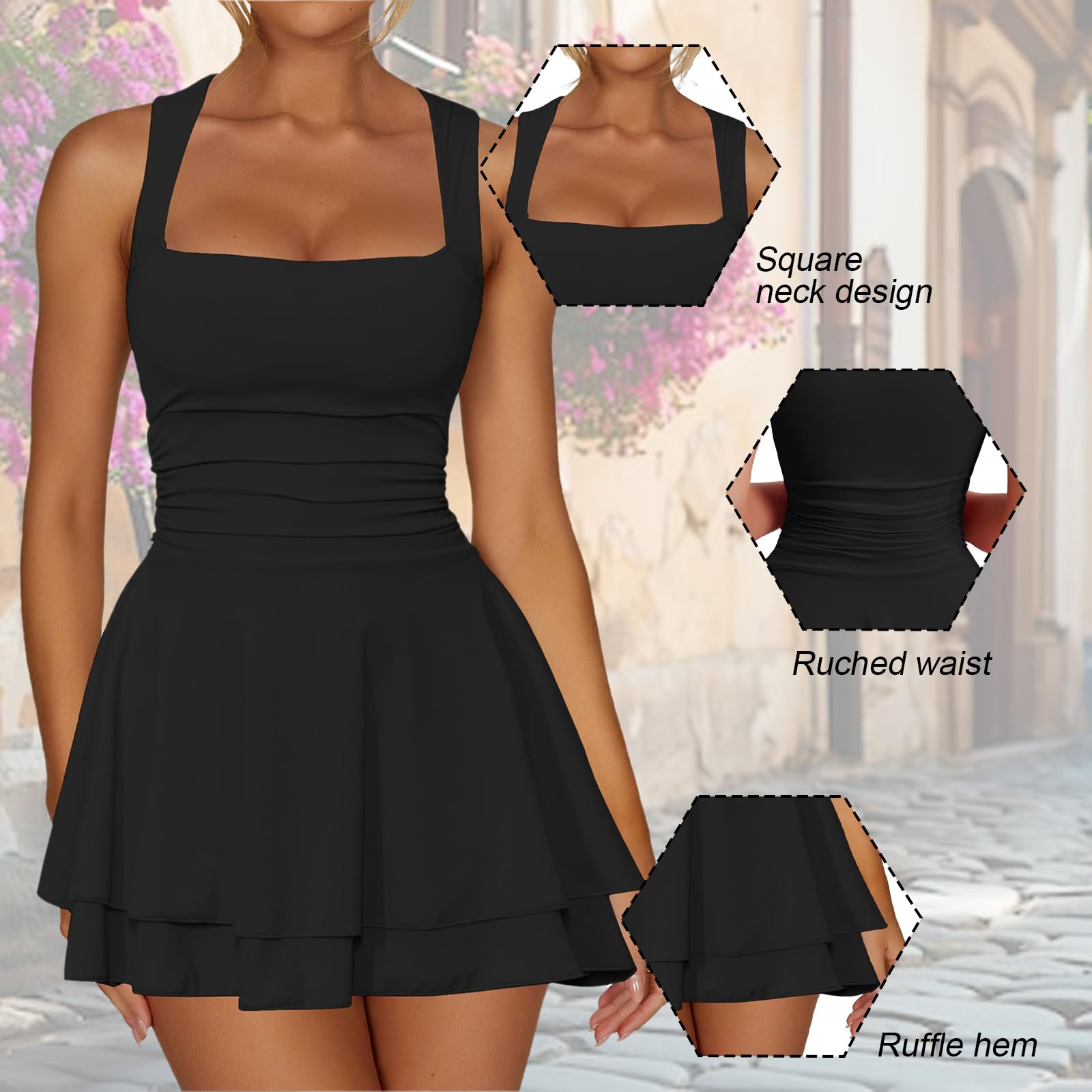 Vestito Sexy Donna Colletto Quadrato Senza Maniche Mini Abito Elegante Estivo Vestiti Corto da Sera Nero Increspato Aderente Miniabito per Party Cocktail Discoteca