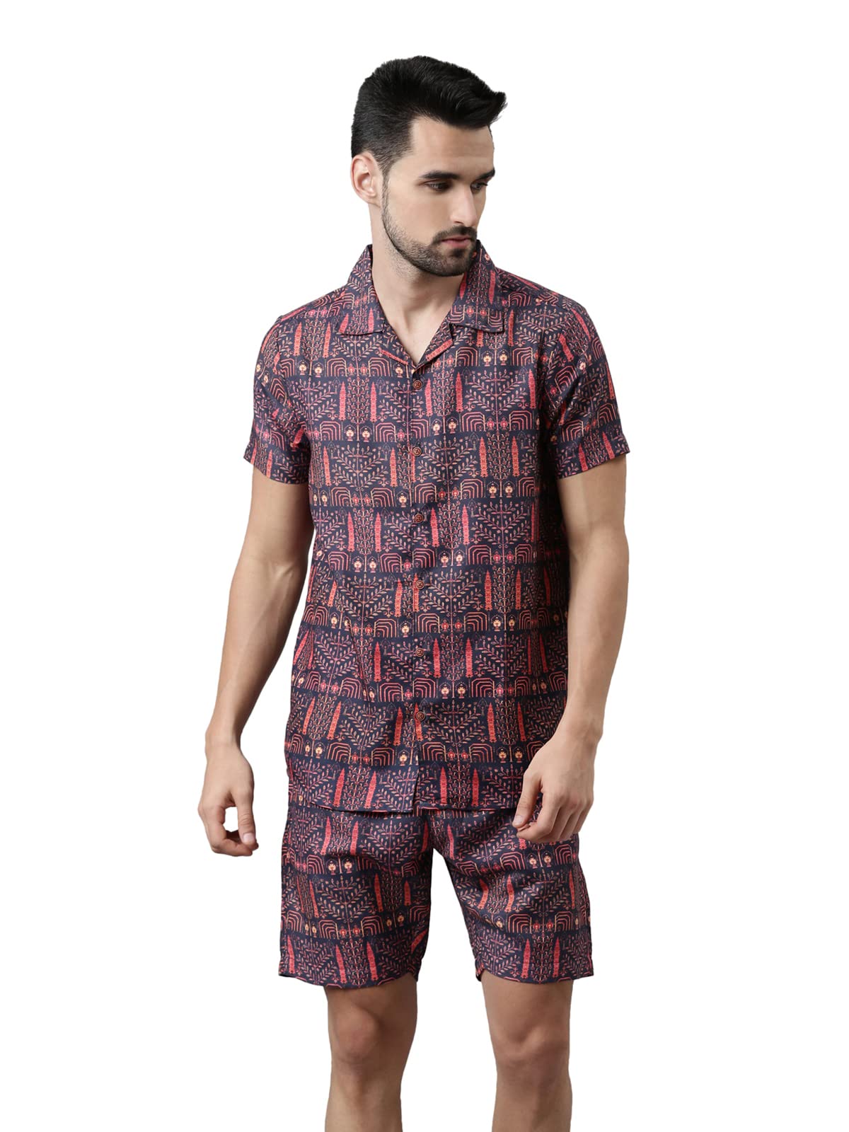 Men's Regular Red Printed Pajama Set, Short Sleeves Button Front Night Suit, Relaxed Fit Co-Ords with Chinese Collar & Elastic Waist Pajamas, Stylish & Comfortable Sleepwear - M-image-37