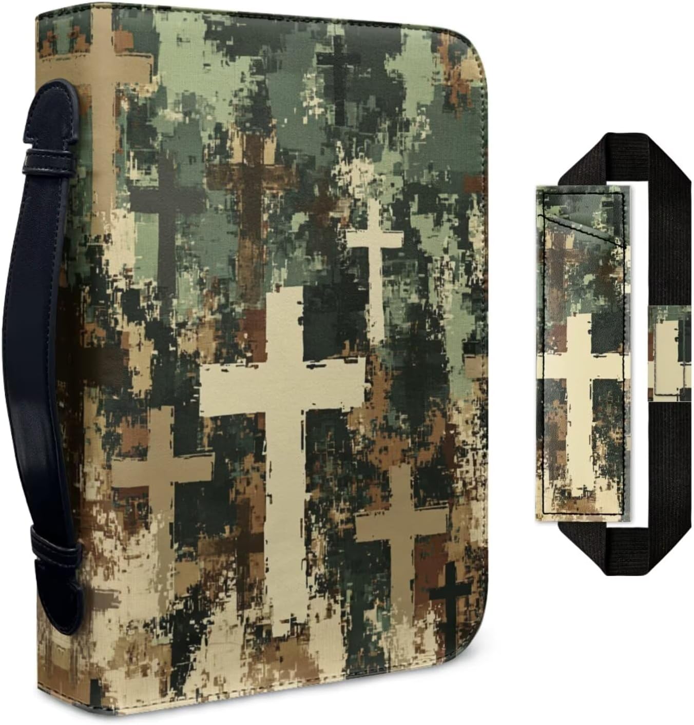 FOR U DESIGNS Bible Carrying Case and Pen Holder Set PU Leather Cross Print Church Bag for 6x9x1.6 Inch Compact Bibles Green Camo Religious Accessories Small