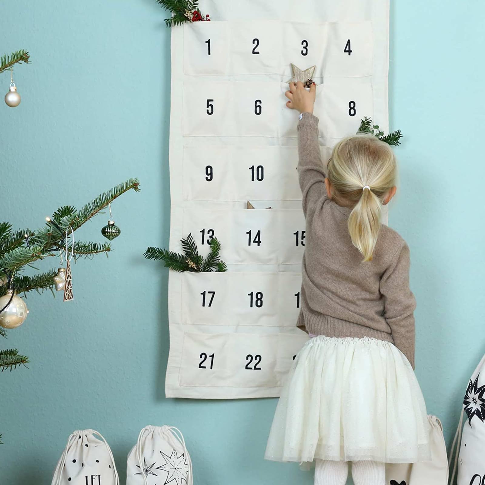 OIOYLEY 24 Advent Calendar Made Of Fabric For Filling, Advent Calendar As Wall Calendar Made Of Fabric For Filling, Reusable, Embroidered, Advent Calendar For Filling, Christmas Calendar
