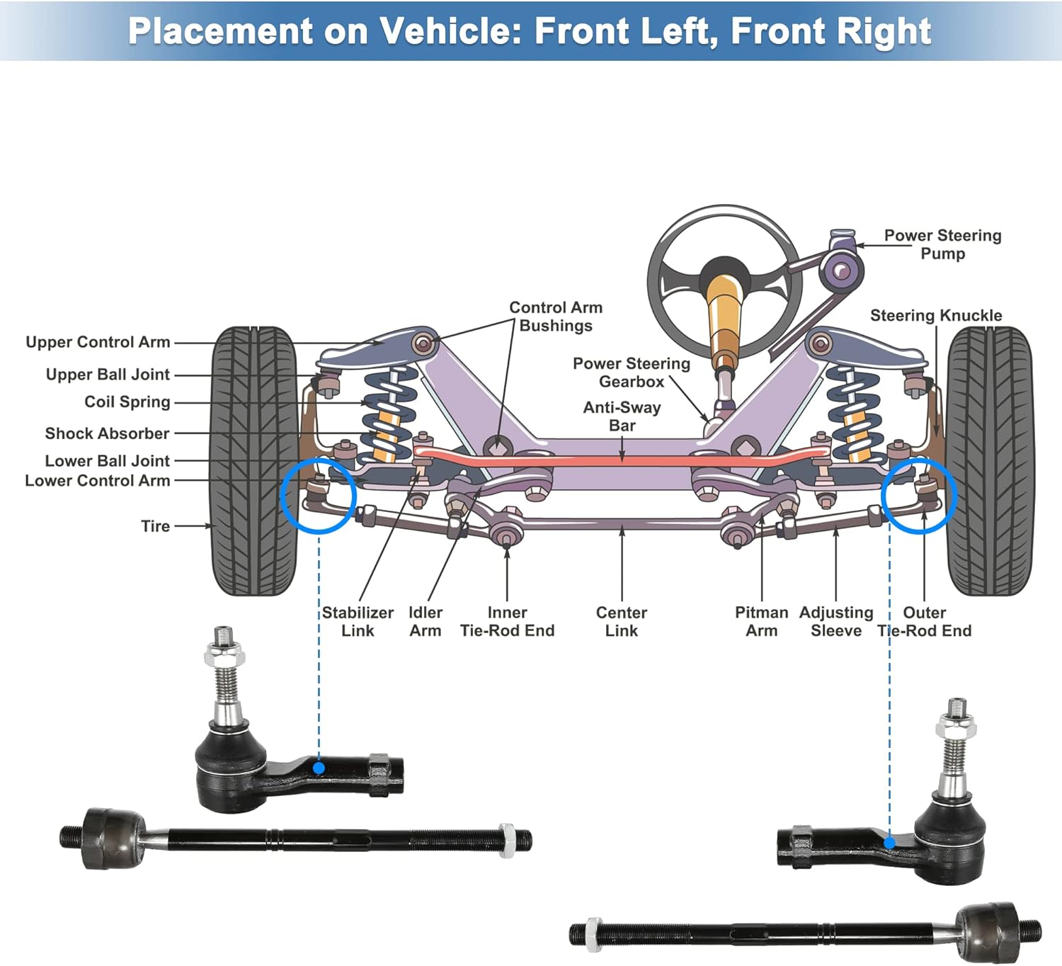 X AUTOHAUX 4pcs Front Inner Outer Tie Rod End Links Steering Tie Rod End Suspension Kit ES3691 EV463 for Ford F-150 2004-2008 4WD for Lincoln Mark LT 2006-2008 4WD