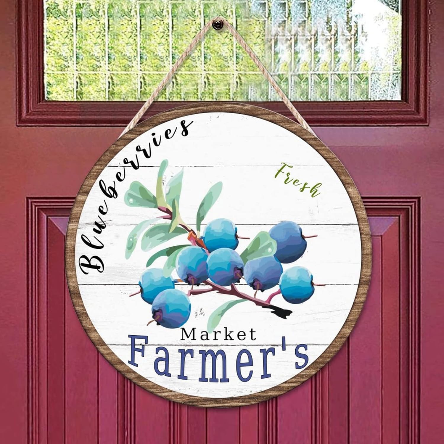 Vintage Round Door Hanger Sign, Vintage Fruit Blueberry Wood Door Sign, Rustic 16x16in Wall Hanging Sign Plaque for Backyard Front Porch Farmhouse Front Door Decor Housewarming Gifts