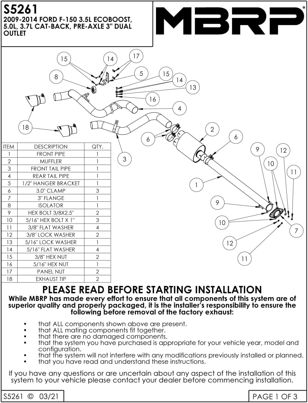 MBRP S5261409 Exhaust System Cat Back (2009-2014 Ford F150 3" Pre-Axle Dual Outlet, T409)