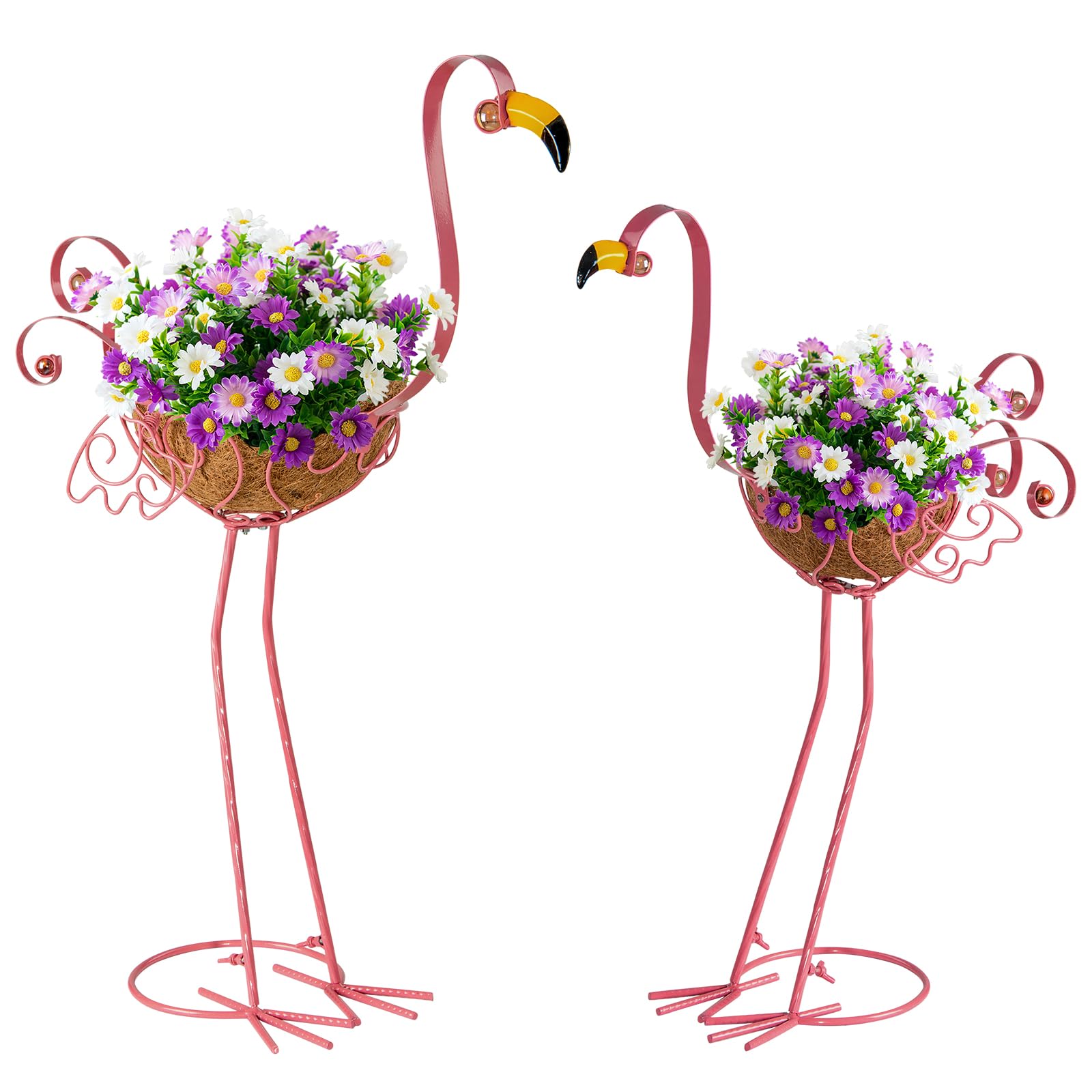 Fioriere in metallo a forma di fenicottero, set di 2 vasi rosa a forma di fenicottero per fiori e piante con cestino per decorazione di interni ed esterni giardino cortile terrazza veranda