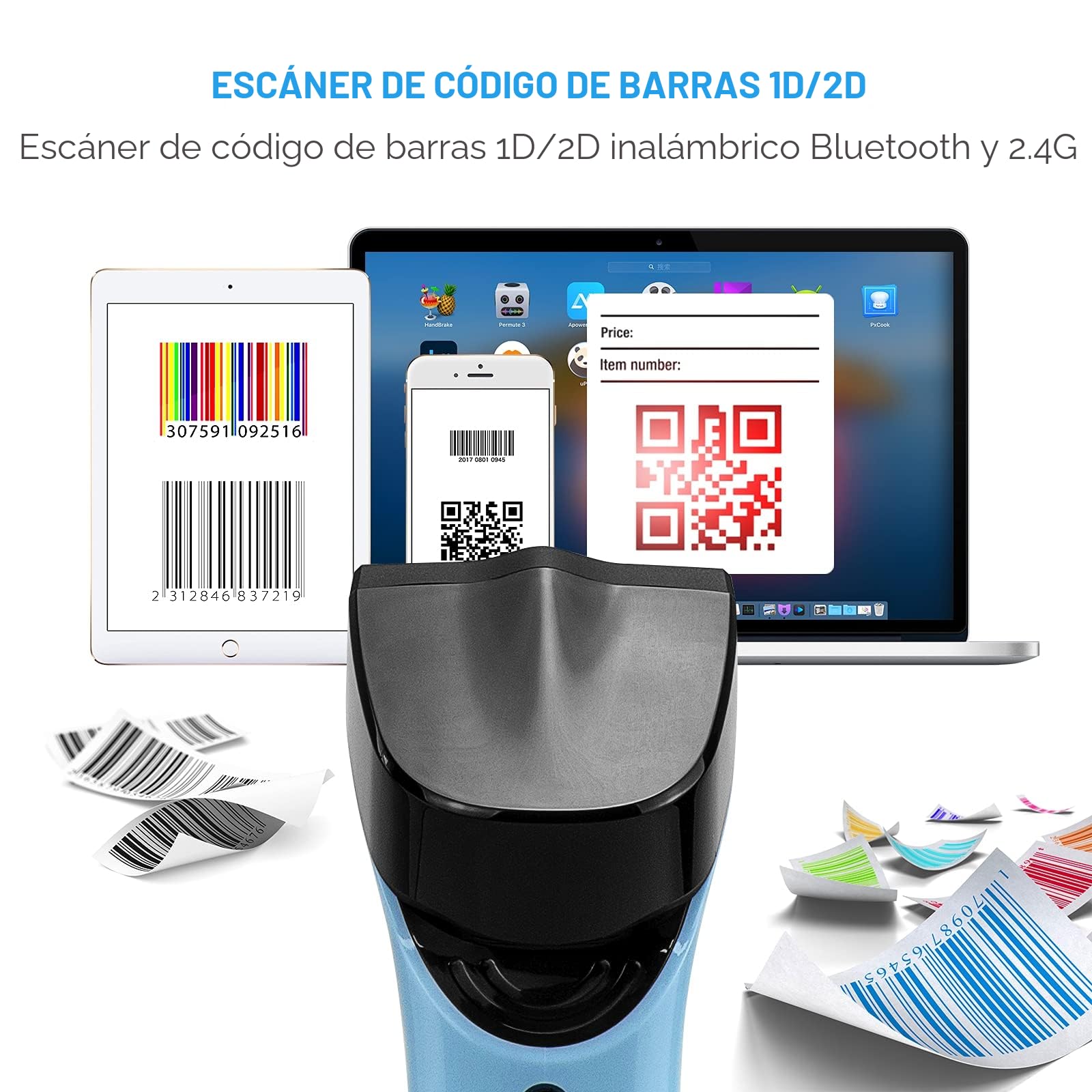 NETUM DS7500 Escáner de código de Barras 2D inalámbrico Bluetooth, Base de Carga, Memoria incorporada Funciona con Mac OS, Windows, iOS, Android, transferencias de hasta 50 Metros