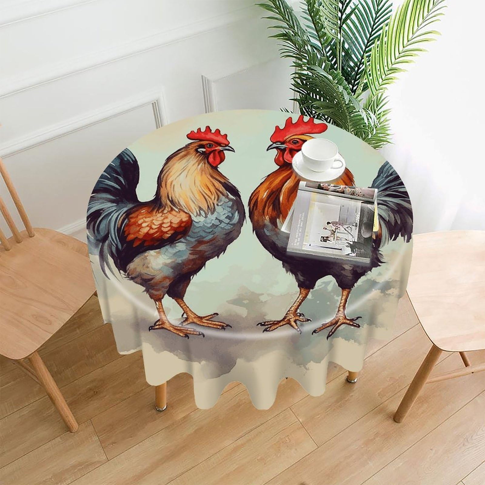 FodPand Rooster and Hen Round Tablecloth - 60 Inch Premium Polyester Table Cloth, Fashion Wrinkle Resistant Decorative Table Cover for Dining Kitchen Party Buffet Tables