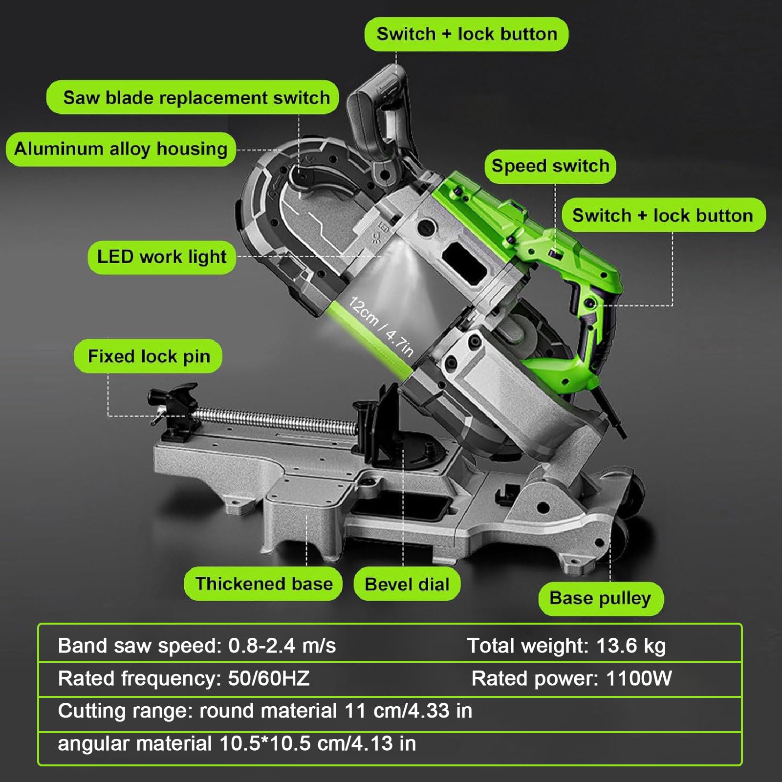 Sierra de cinta portátil, sierra de corte de metal de 1100 W con diámetro de corte de 12 cm y corte biselado de 45°, incluye 1 par de guantes y 6 hojas de sierra para aplicaciones versátiles
