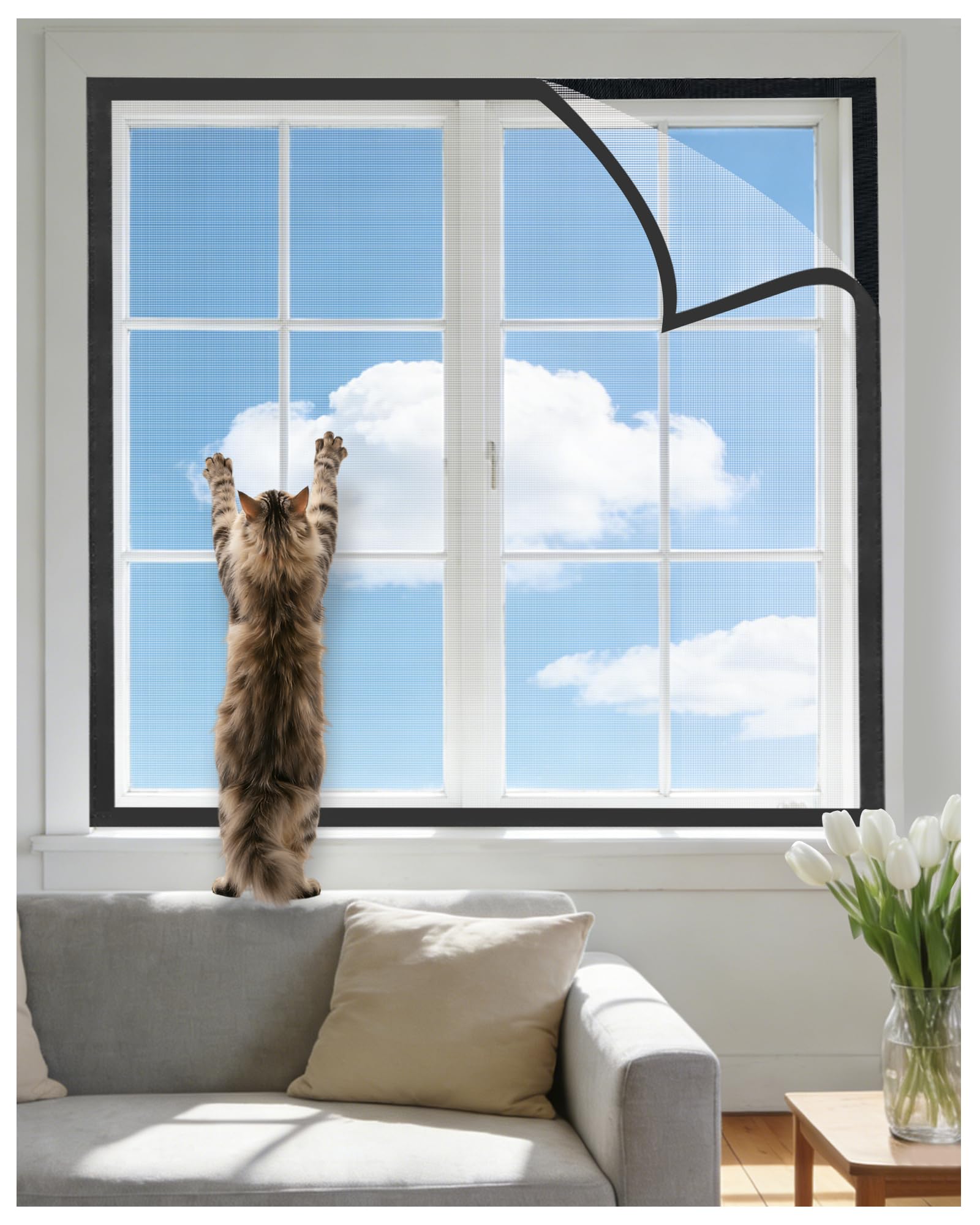 Katzennetz Fensterschutz Katzensicher Ohne Bohren Fliegengitter - 100x120cm Effektiver Insektenschutz Selbstklebend Kein Bohren Keine Beschädigung Kratzfest Für Mietwohnung Und Haus Fenster