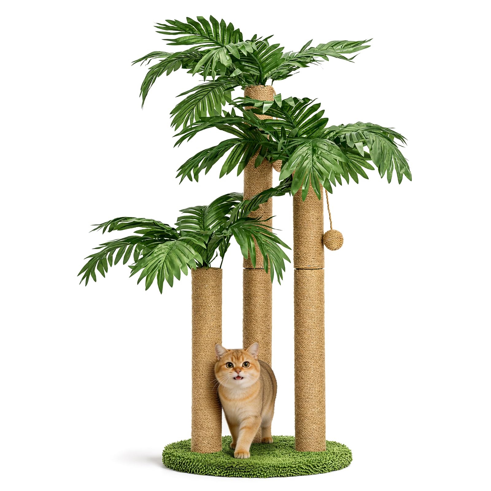 Cat Scratching Post, 3-Level Cat Scratcher Tree with 3 Sisal Scratching Poles 2 Interactive Dangling Balls, Tall Scratching Post for Indoor Kittens Adult Cats Natural Sisal Stable Base Easy Assembly