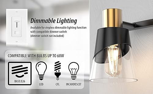 Miniatura 4 de URSOLA Lámpara de tocador de baño, 3 luces de baño sobre espejo, accesorios de iluminación de baño de 20.47 pulgadas, diseño negro y dorado con
