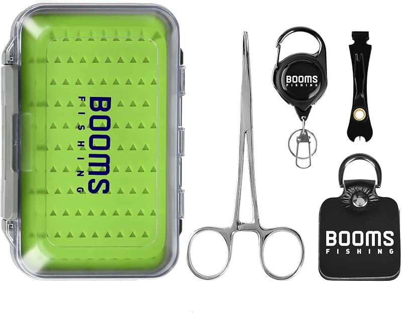 Booms Fishing FF2 Fly Fishing Accessories and Tools Kit, 5 in 1 Fly Fishing Gear Combo: Fly Fishing Forceps, Fly Fishing Nipper, Fly Fishing Leader Straightener, Zinger Retractor, Two-Sided Fly Box