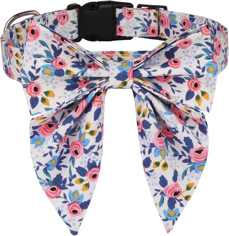 Coleira Floral para Cães com Laço Removível ADOGGYGO, Azul, Tamanho Médio