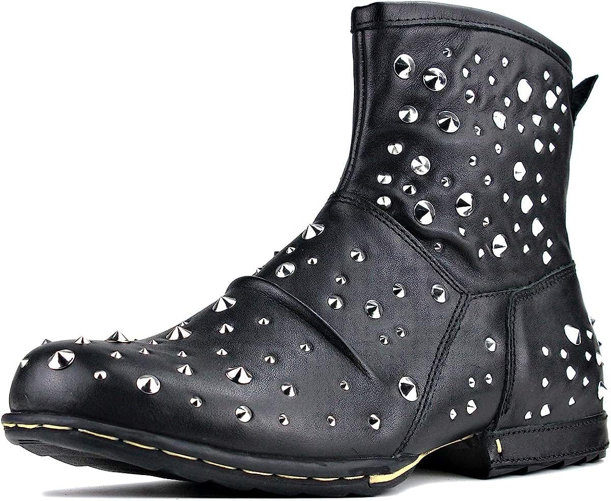 OSSTONE Moto Boots for Men Fashion Zipper-up Leather Chukka Boots Casual Shoes with rivets OS-5008-1-M