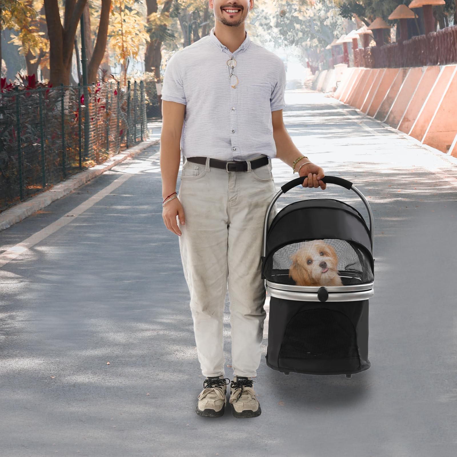 Cochecito plegable para perros, con ruedas universales, para gatos y perros pequeños, capacidad de carga de hasta 12 kg, tamaño del producto plegado 21,5 x 80 cm (negro)