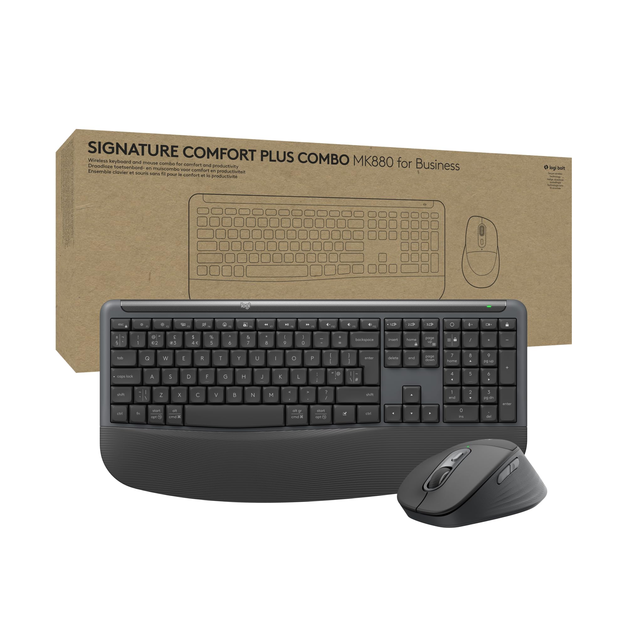 Logitech Signature Comfort Plus Combo MK880 for Business, Full-Size Wireless Keyboard and Mouse with Palm Rest, Silent Clicks, Secure Receiver, Bluetooth, Windows/macOS, QWERTY UK English - Graphite