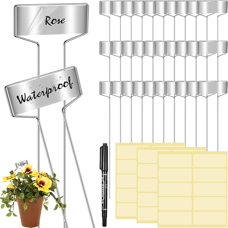 Kit de 61 etiquetas de plantas de zinc, 30 etiquetas rectangulares de metal para plantas de 10 pulgadas, 30 películas para mascotas a prueba de lluvia, 1 rotulador, etiquetas de marcadores impermeables reutilizables para jardín (forma de T)