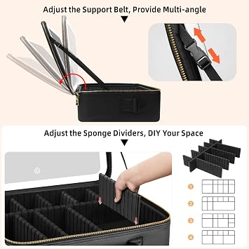 15''X11'' Large Capacity Makeup Bag with Mirror, Professional Makeup Bag Organizer with 3 Color Adjustable Brightness, Travel Make up Cosmetic Case with Detachable Dividers & Shoulder Strap