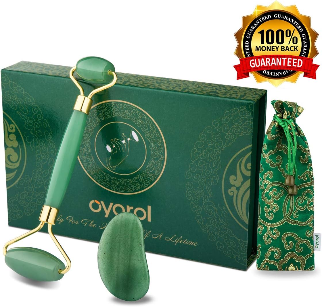 Jade Roller for Face,Anti-aging Jade Roller Massager Eye Jade Facial Roller for Women Puffiness, Real Jade 100% Natural Herbivore Jade Facial Roller Jade Stone Roller Set with Gua Sha Tool,Case,Pouch
