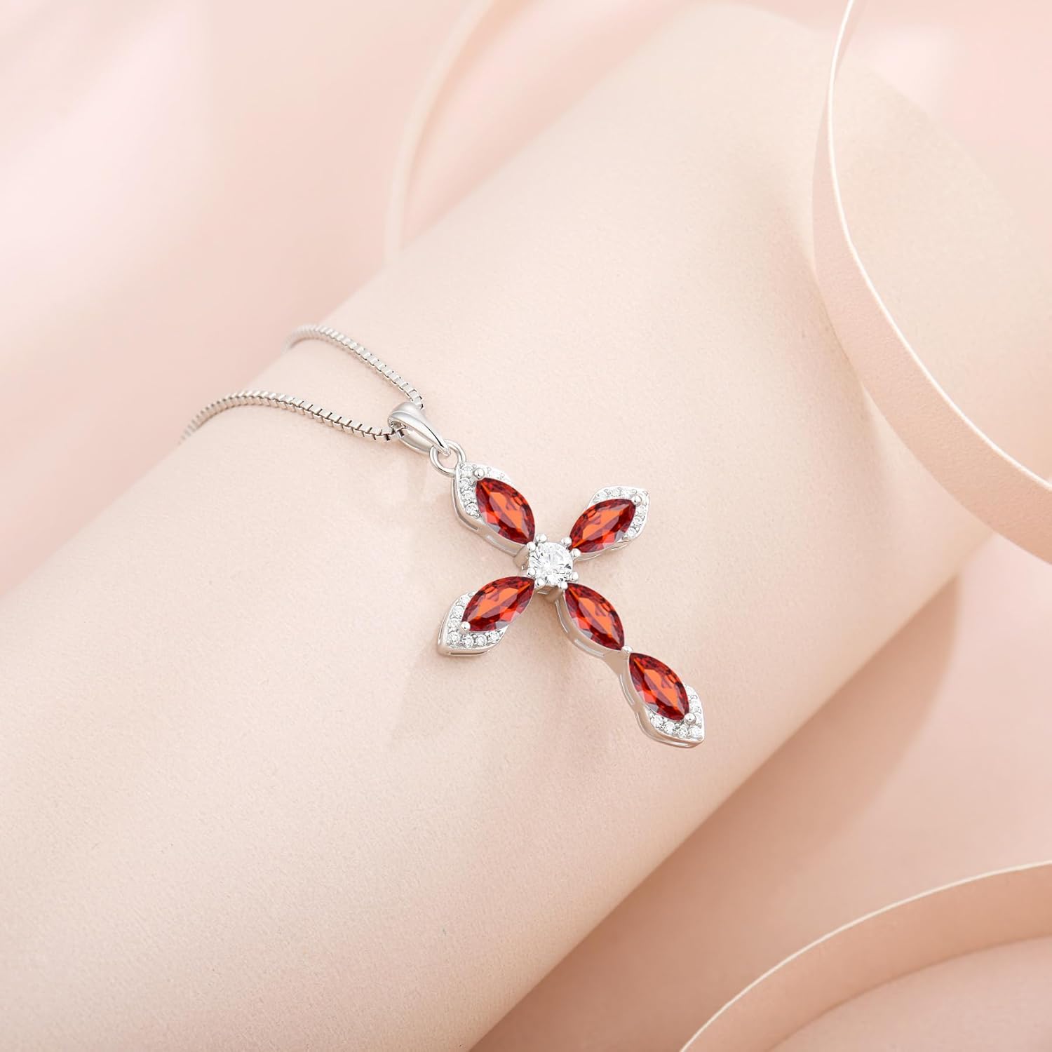 Women Cross Necklace 925 Sterling Silver Halo Gemstone Necklace Crucifix Religious Pendant Birthstone Jewelry Gifts for Her - Image 3