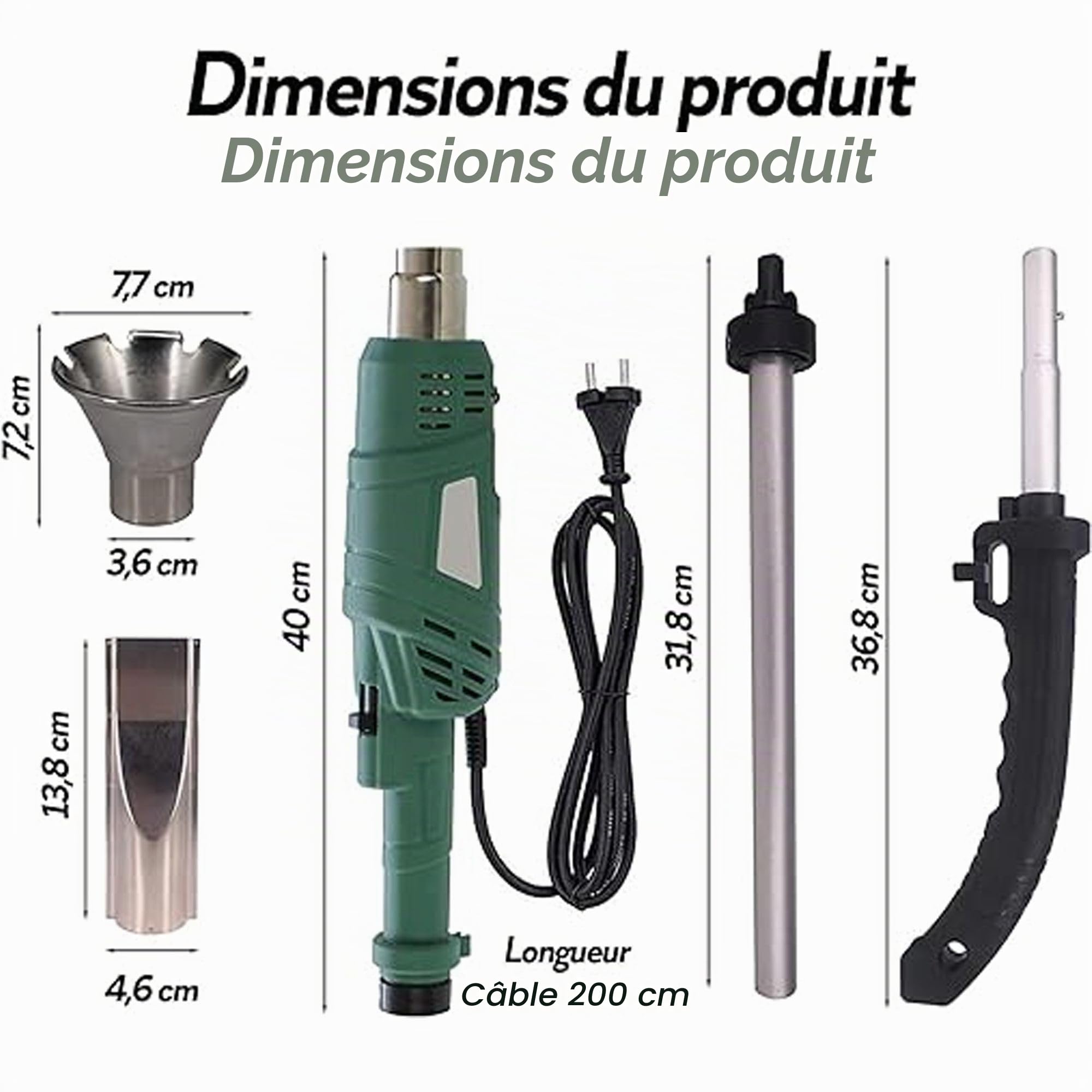 FISHTEC Désherbeur électrique thermique 2000 W - Brûleur écologique pour mauvaises herbes avec fonction allume-barbecue et manche amovible 95 cm